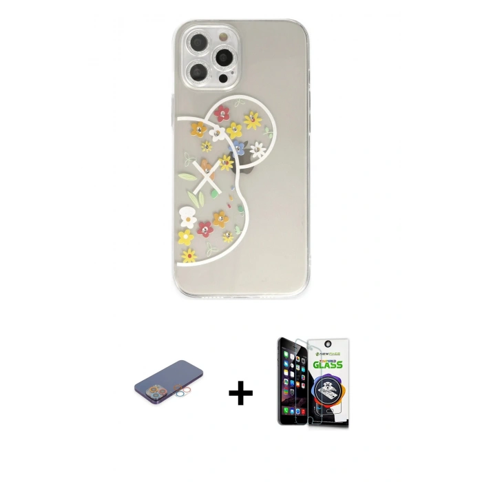 MARSİLYAN™- iPhone 12 Pro Max Kılıf Eksen Asil Prime - Şeffaf Temperli Cam Ekran Koruyucu + Renkli Kamera Lens Koruma Cam - PE