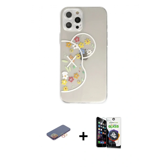 MARSİLYAN™- iPhone 12 Pro Max Kılıf Eksen Asil Prime - Şeffaf Temperli Cam Ekran Koruyucu + Renkli Kamera Lens Koruma Cam - TU