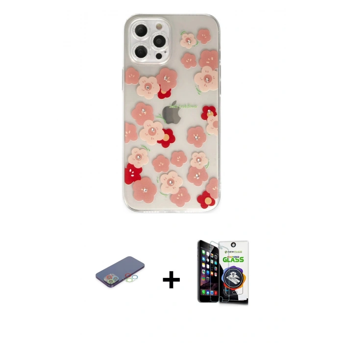 MARSİLYAN™- iPhone 12 Pro Max Kılıf Eksen Asil Prime - Şeffaf Temperli Cam Ekran Koruyucu + Renkli Kamera Lens Koruma Cam - MI