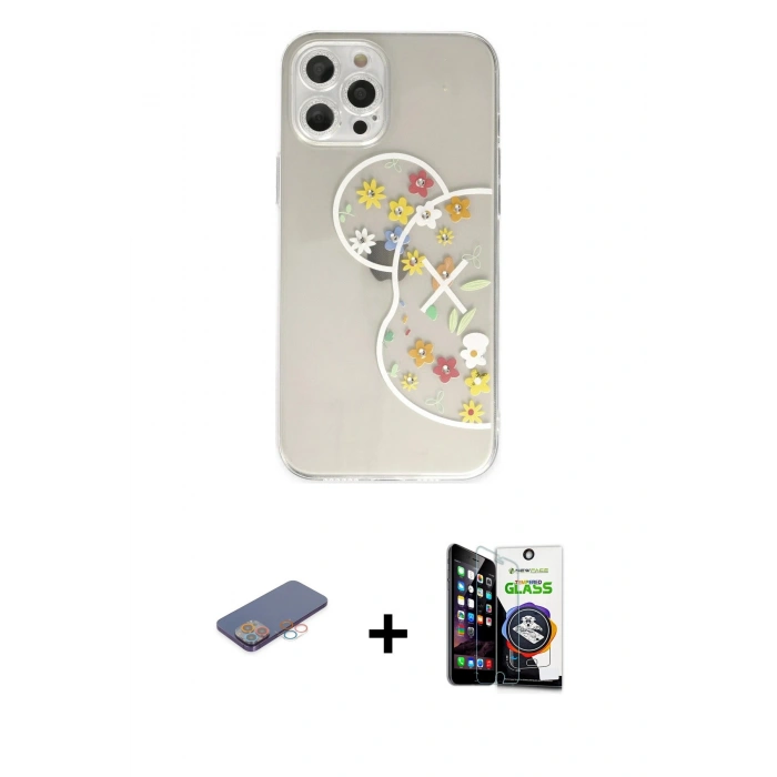 MARSİLYAN™- iPhone 12 Pro Max Kılıf Eksen Asil Prime - Şeffaf Temperli Cam Ekran Koruyucu + Renkli Kamera Lens Koruma Cam - PE