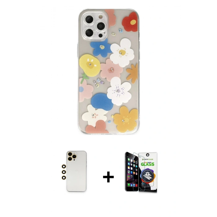 MARSİLYAN™- iPhone 12 Pro Max Kılıf Eksen Asil Prime - Şeffaf Temperli Cam Ekran Koruyucu + Shine Kamera Lens - GD