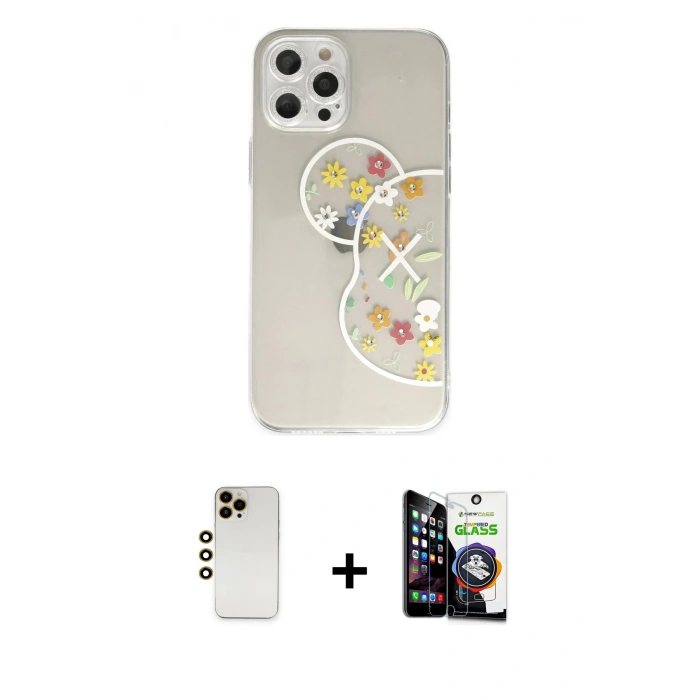 MARSİLYAN™- iPhone 12 Pro Max Kılıf Eksen Asil Prime - Şeffaf Temperli Cam Ekran Koruyucu + Shine Kamera Lens - GD