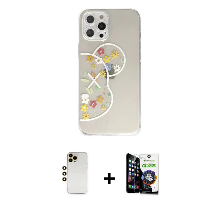 MARSİLYAN™- iPhone 12 Pro Max Kılıf Eksen Asil Prime - Şeffaf Temperli Cam Ekran Koruyucu + Shine Kamera Lens - GD
