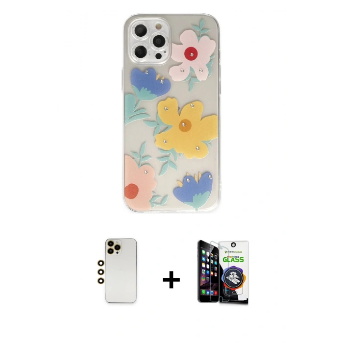 MARSİLYAN™- iPhone 12 Pro Max Kılıf Eksen Asil Prime - Şeffaf Temperli Cam Ekran Koruyucu + Shine Kamera Lens - GD
