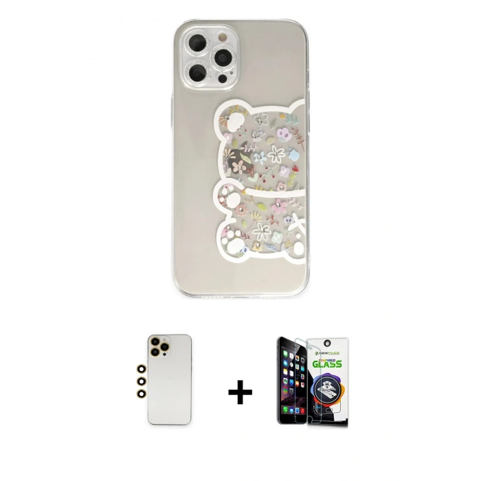MARSİLYAN™- iPhone 12 Pro Max Kılıf Eksen Asil Prime - Şeffaf Temperli Cam Ekran Koruyucu + Shine Kamera Lens - GD
