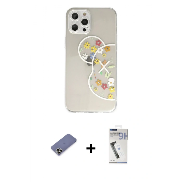 MARSİLYAN™- iPhone 12 Pro Max Kılıf Eksen Asil Prime - Şeffaf Uv Polymer Nano Ekran Koruyucu + Metal Kamera Lens Koruma Cam - GD
