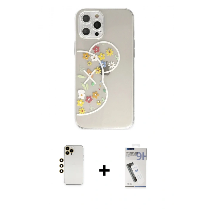 MARSİLYAN™- iPhone 12 Pro Max Kılıf Eksen Asil Prime - Şeffaf Uv Polymer Nano Ekran Koruyucu + Gold Shine Kamera Lens