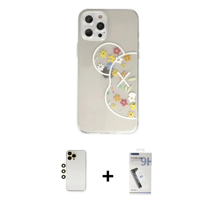 MARSİLYAN™- iPhone 12 Pro Max Kılıf Eksen Asil Prime - Şeffaf Uv Polymer Nano Ekran Koruyucu + Gold Shine Kamera Lens