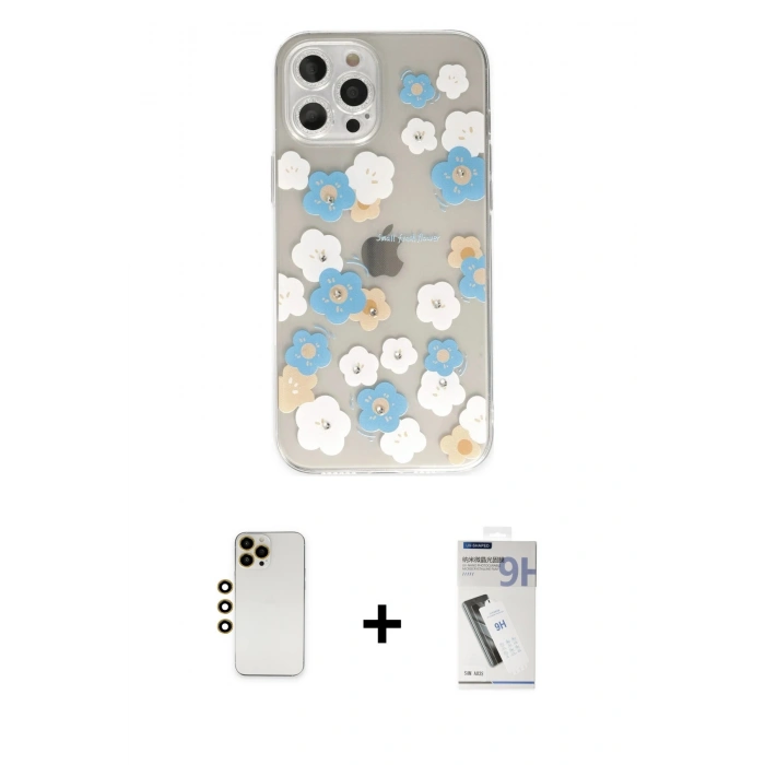 MARSİLYAN™- iPhone 12 Pro Max Kılıf Eksen Asil Prime - Şeffaf Uv Polymer Nano Ekran Koruyucu + Gold Shine Kamera Lens