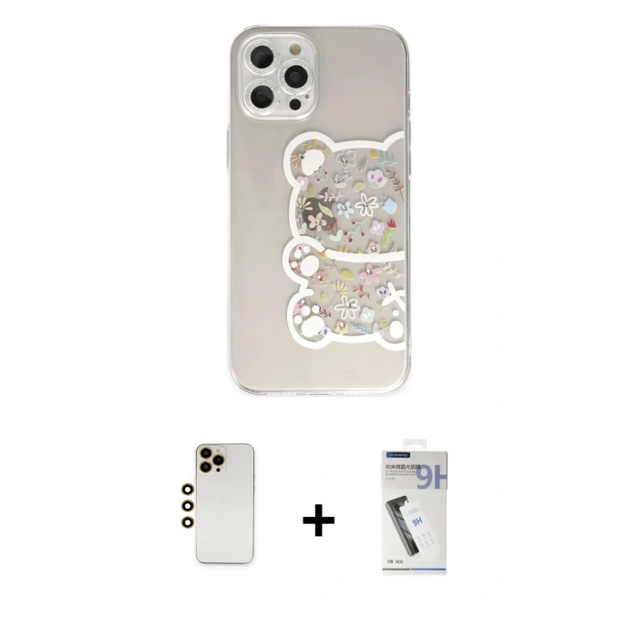 MARSİLYAN™- iPhone 12 Pro Max Kılıf Eksen Asil Prime - Şeffaf Uv Polymer Nano Ekran Koruyucu + Gold Shine Kamera Lens