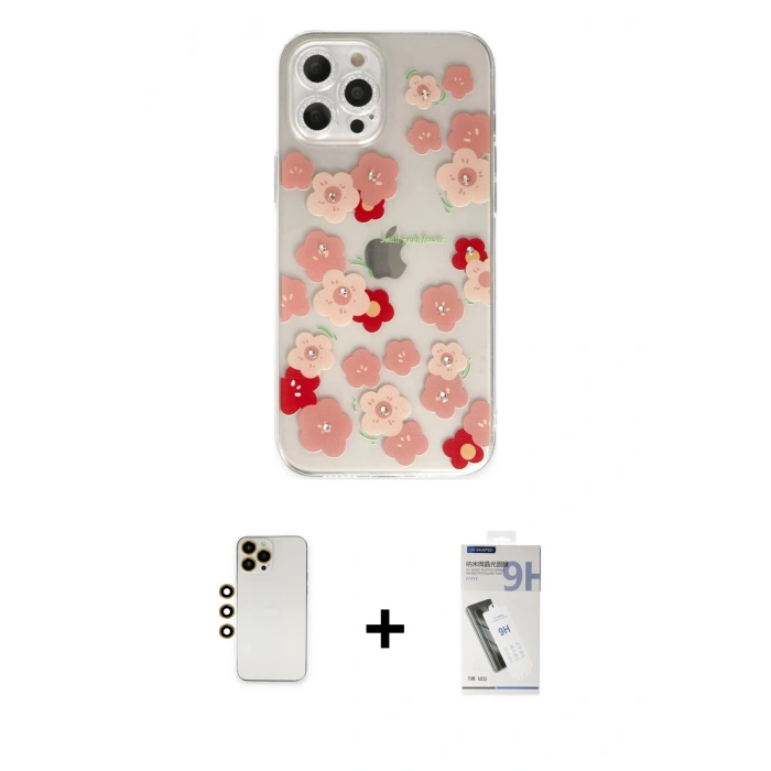 MARSİLYAN™- iPhone 12 Pro Max Kılıf Eksen Asil Prime - Şeffaf Uv Polymer Nano Ekran Koruyucu + Gold Shine Kamera Lens