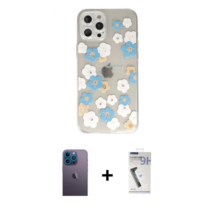 MARSİLYAN™- iPhone 12 Pro Max Kılıf Eksen Asil Prime - Şeffaf Uv Polymer Nano Ekran Koruyucu + Neon Fosforlu Kamera Lens - MI