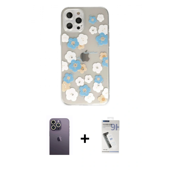 MARSİLYAN™- iPhone 12 Pro Max Kılıf Eksen Asil Prime - Şeffaf Uv Polymer Nano Ekran Koruyucu + Neon Fosforlu Kamera Lens - BZ