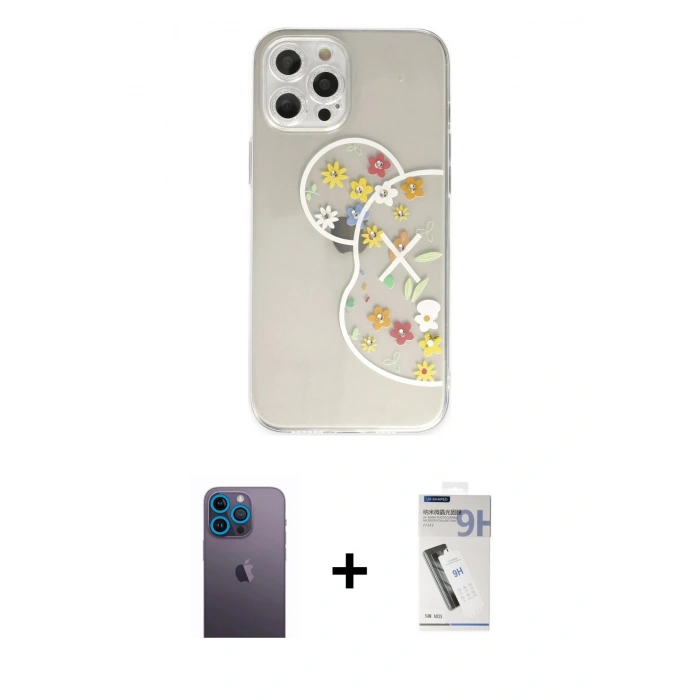 MARSİLYAN™- iPhone 12 Pro Max Kılıf Eksen Asil Prime - Şeffaf Uv Polymer Nano Ekran Koruyucu + Neon Fosforlu Kamera Lens - MI