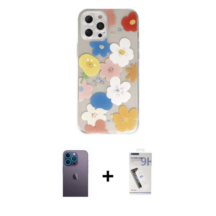 MARSİLYAN™- iPhone 12 Pro Max Kılıf Eksen Asil Prime - Şeffaf Uv Polymer Nano Ekran Koruyucu + Neon Fosforlu Kamera Lens - MI