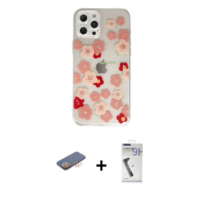 MARSİLYAN™- iPhone 12 Pro Max Kılıf Eksen Asil Prime - Şeffaf Uv Polymer Nano Ekran Koruyucu + Renkli Kamera Lens Koruma Cam - TU