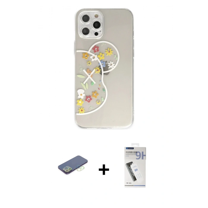 MARSİLYAN™- iPhone 12 Pro Max Kılıf Eksen Asil Prime - Şeffaf Uv Polymer Nano Ekran Koruyucu + Renkli Kamera Lens Koruma Cam - YL