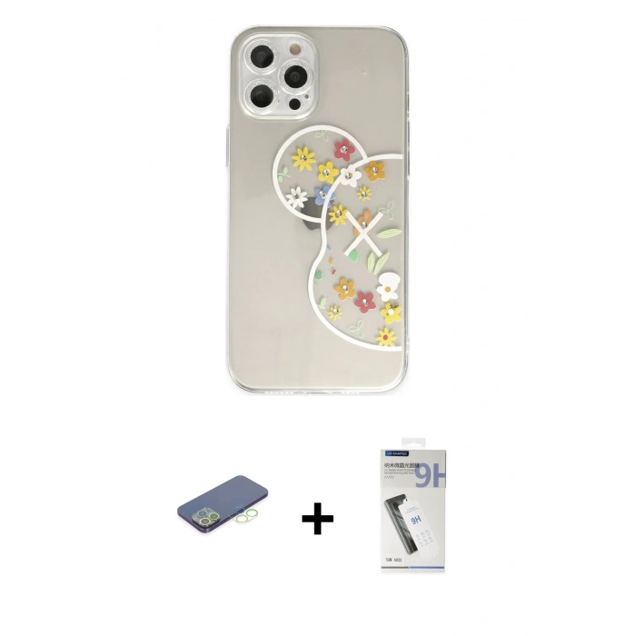 MARSİLYAN™- iPhone 12 Pro Max Kılıf Eksen Asil Prime - Şeffaf Uv Polymer Nano Ekran Koruyucu + Renkli Kamera Lens Koruma Cam - YL