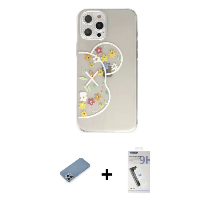 MARSİLYAN™- iPhone 12 Pro Max Kılıf Eksen Asil Prime - Şeffaf Uv Polymer Nano Ekran Koruyucu + Shine Kamera Lens Koruma Cam - GS