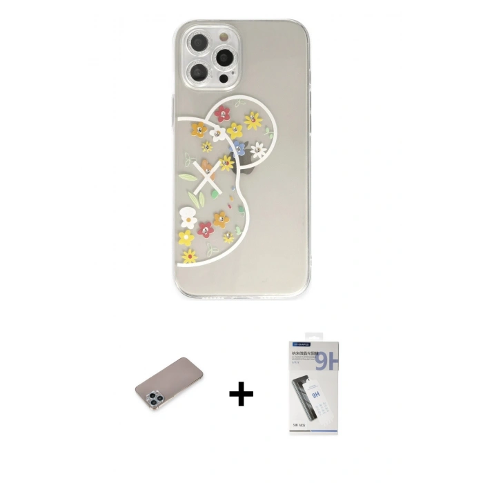 MARSİLYAN™- iPhone 12 Pro Max Kılıf Eksen Asil Prime - Şeffaf Uv Polymer Nano Ekran Koruyucu + Shine Kamera Lens Koruma Cam - SABE