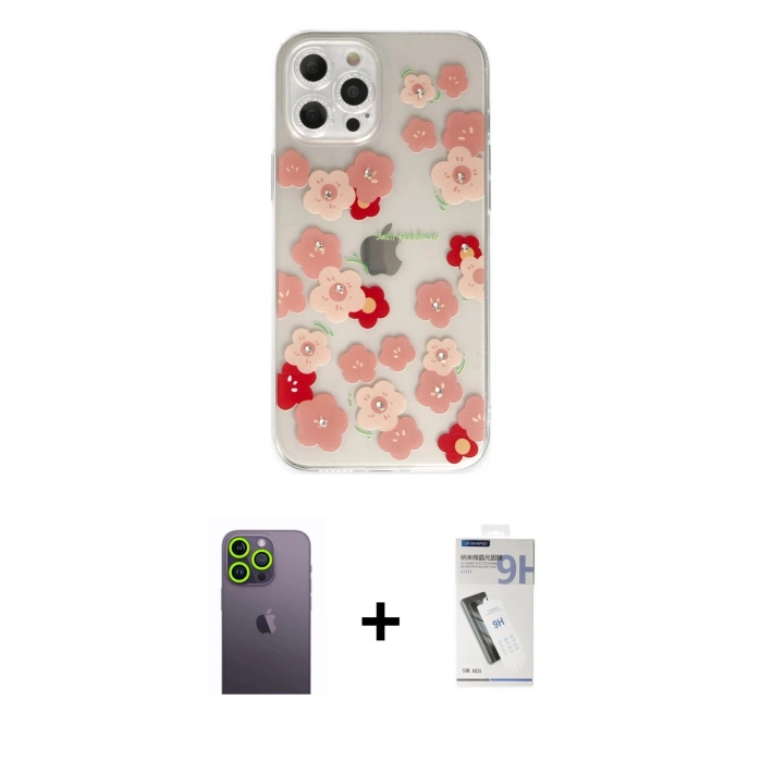 MARSİLYAN™- iPhone 12 Pro Max Kılıf Eksen Asil Prime - Şeffaf Uv Polymer Nano Ekran Koruyucu + Yeşil Neon Fosforlu Kamera Lens
