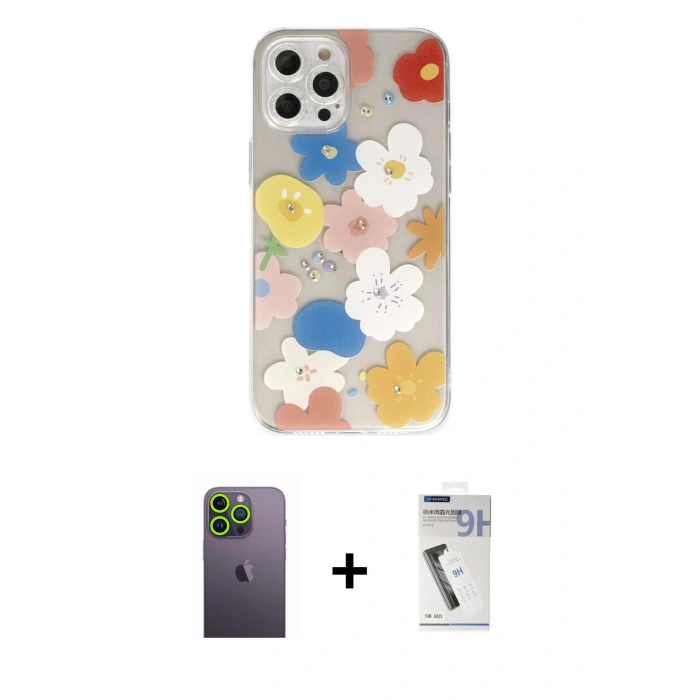 MARSİLYAN™- iPhone 12 Pro Max Kılıf Eksen Asil Prime - Şeffaf Uv Polymer Nano Ekran Koruyucu + Yeşil Neon Fosforlu Kamera Lens