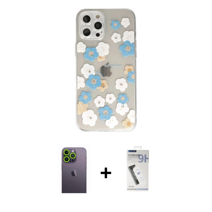 MARSİLYAN™- iPhone 12 Pro Max Kılıf Eksen Asil Prime - Şeffaf Uv Polymer Nano Ekran Koruyucu + Yeşil Neon Fosforlu Kamera Lens
