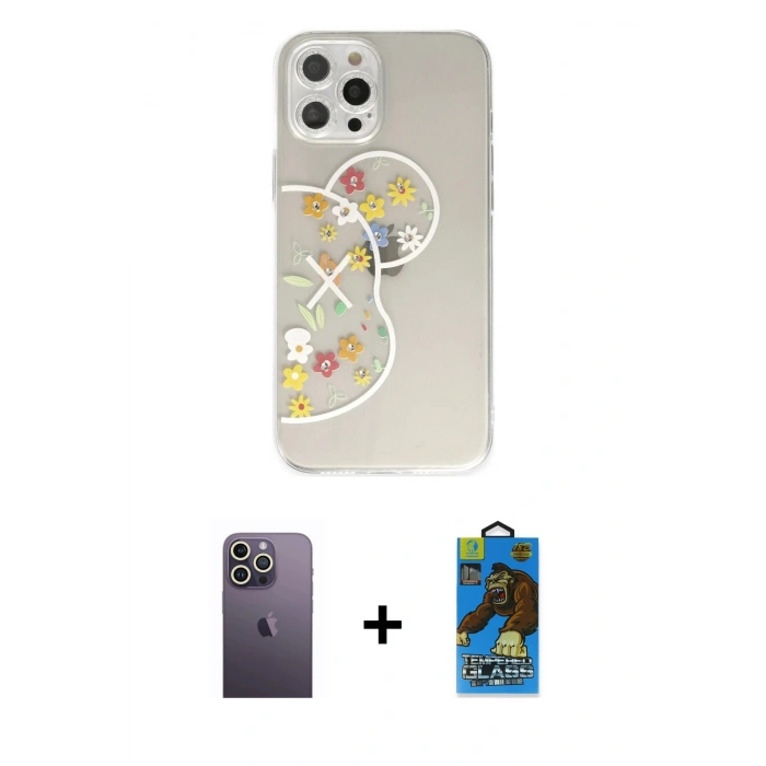 MARSİLYAN™- iPhone 12 Pro Max Kılıf Eksen Asil Prime - Siyah 18D Cam Ekran Koruyucu + Neon Fosforlu Kamera Lens - BZ