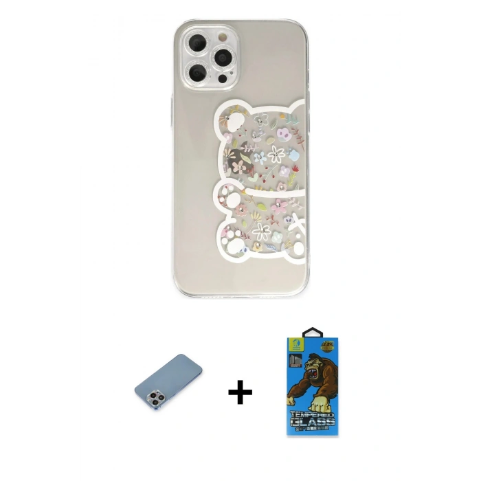 MARSİLYAN™- iPhone 12 Pro Max Kılıf Eksen Asil Prime - Siyah 18D Cam Ekran Koruyucu + Shine Kamera Lens Koruma Cam - GI