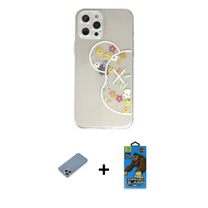 MARSİLYAN™- iPhone 12 Pro Max Kılıf Eksen Asil Prime - Siyah 18D Cam Ekran Koruyucu + Shine Kamera Lens Koruma Cam - GI