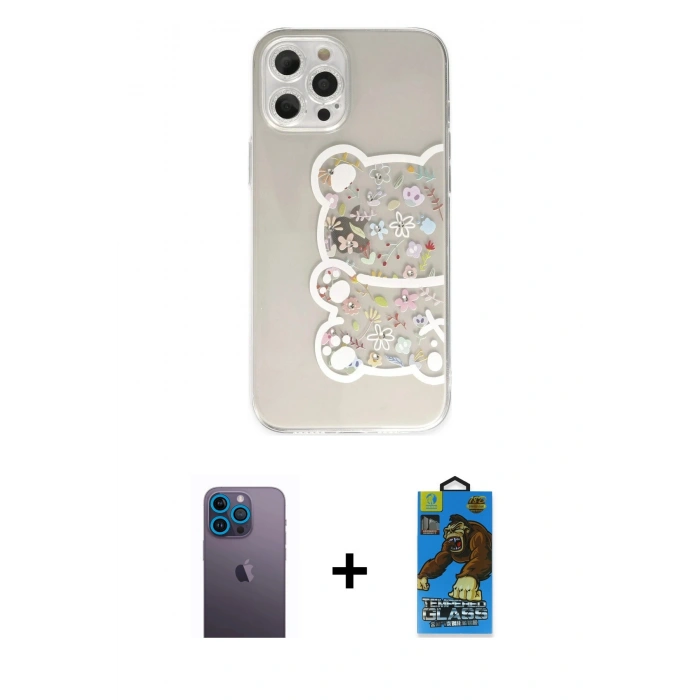 MARSİLYAN™- iPhone 12 Pro Max Kılıf Eksen Asil Prime - Siyah 18D Cam Ekran Koruyucu + Neon Fosforlu Kamera Lens - MI