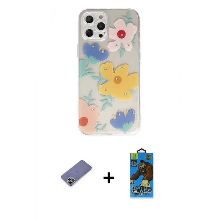 MARSİLYAN™- iPhone 12 Pro Max Kılıf Eksen Asil Prime - Siyah 18D Cam Ekran Koruyucu + Metal Kamera Lens Koruma Cam - GD