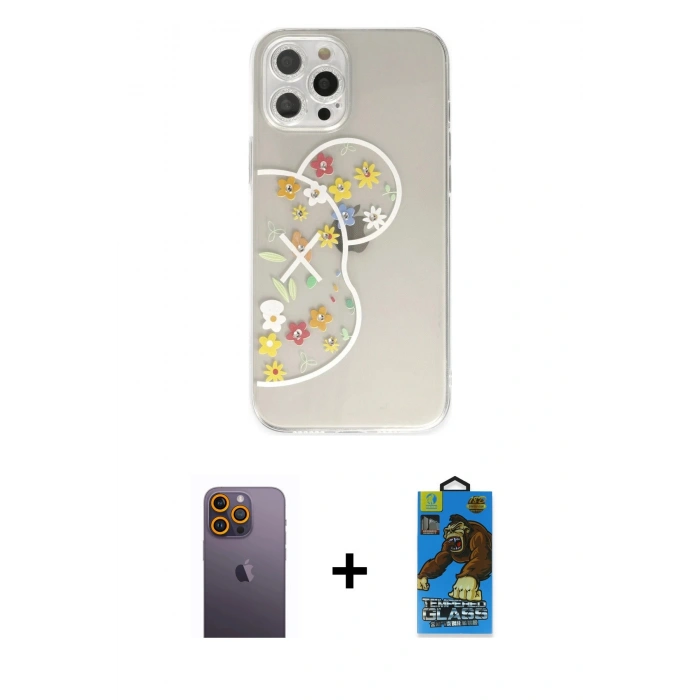 MARSİLYAN™- iPhone 12 Pro Max Kılıf Eksen Asil Prime - Siyah 18D Cam Ekran Koruyucu + Neon Fosforlu Kamera Lens - SI