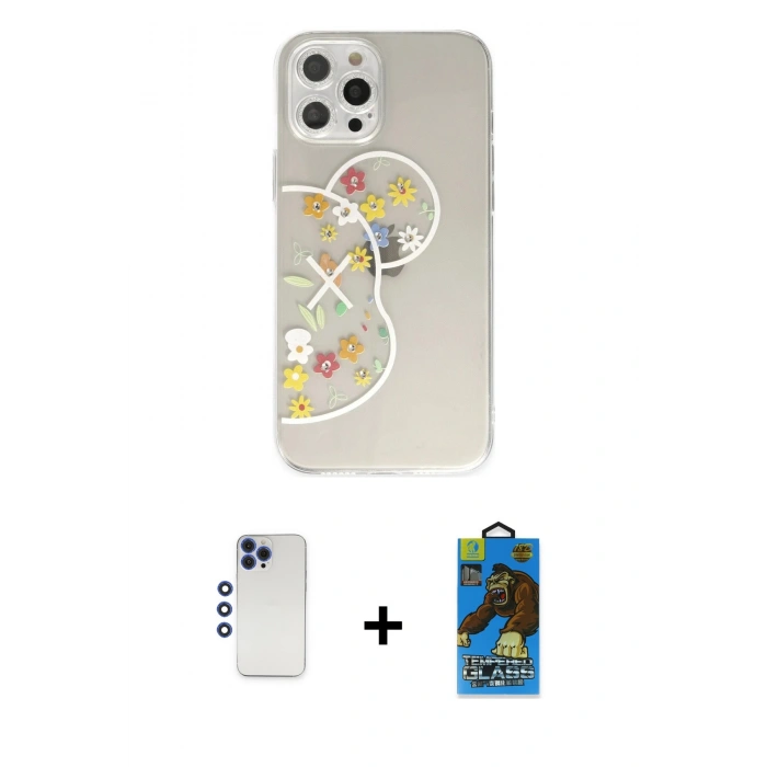 MARSİLYAN™- iPhone 12 Pro Max Kılıf Eksen Asil Prime - Siyah 18D Cam Ekran Koruyucu + Shine Kamera Lens - LT