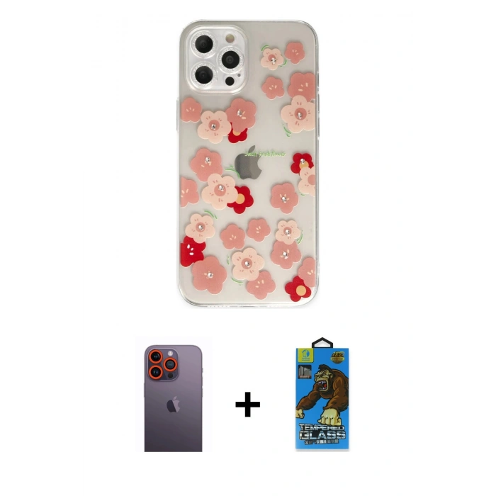 MARSİLYAN™- iPhone 12 Pro Max Kılıf Eksen Asil Prime - Siyah 18D Cam Ekran Koruyucu + Turuncu Neon Fosforlu Kamera Lens