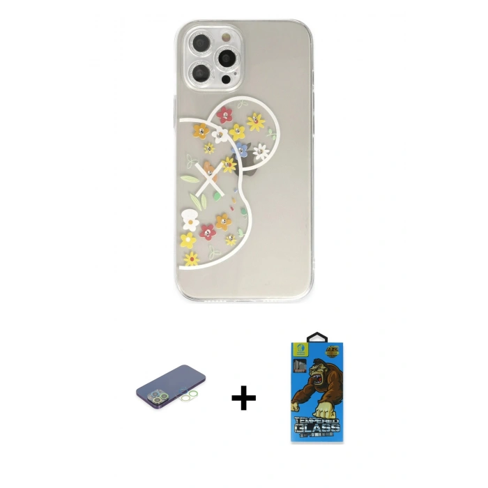 MARSİLYAN™- iPhone 12 Pro Max Kılıf Eksen Asil Prime - Siyah 18D Cam Ekran Koruyucu + Renkli Kamera Lens Koruma Cam - YL
