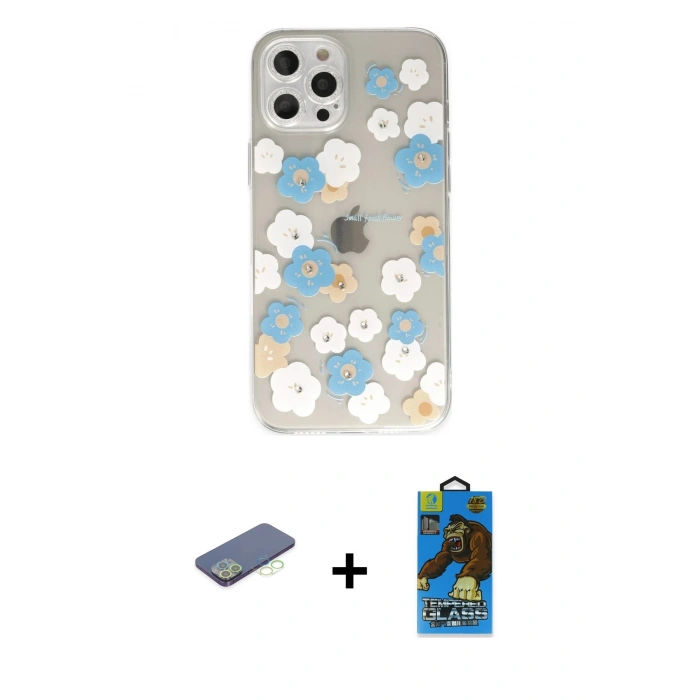 MARSİLYAN™- iPhone 12 Pro Max Kılıf Eksen Asil Prime - Siyah 18D Cam Ekran Koruyucu + Renkli Kamera Lens Koruma Cam - YL