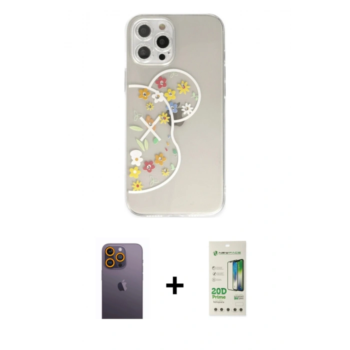 MARSİLYAN™- iPhone 12 Pro Max Kılıf Eksen Asil Prime - Siyah 20D Premium Cam Ekran Koruyucu + Neon Fosforlu Kamera Lens - SI
