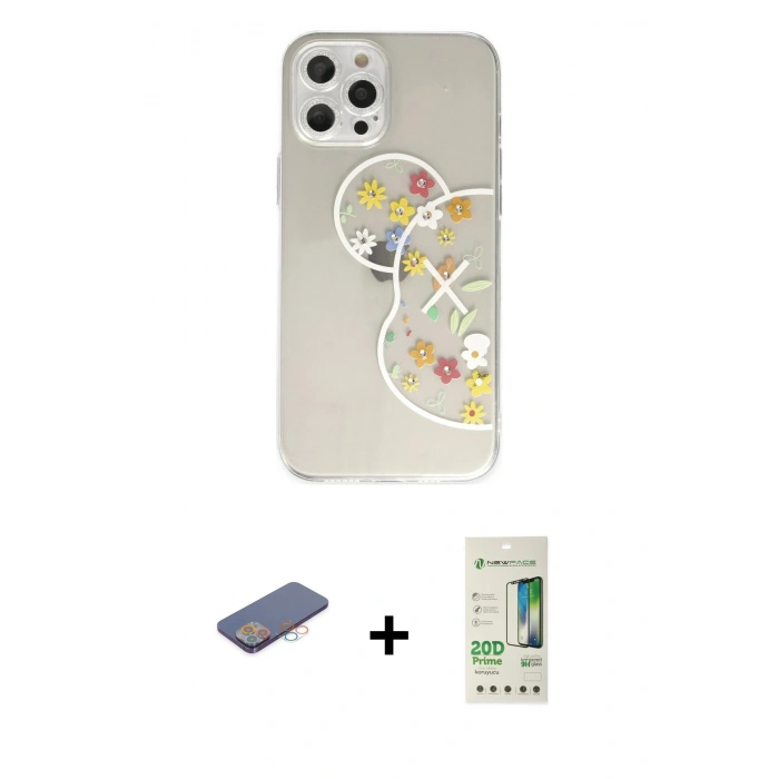 MARSİLYAN™- iPhone 12 Pro Max Kılıf Eksen Asil Prime - Siyah 20D Premium Cam Ekran Koruyucu + Renkli Kamera Lens Koruma Cam - PE