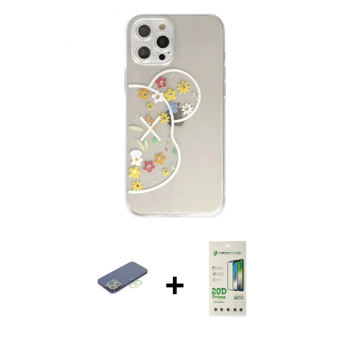 MARSİLYAN™- iPhone 12 Pro Max Kılıf Eksen Asil Prime - Siyah 20D Premium Cam Ekran Koruyucu + Renkli Kamera Lens Koruma Cam - YL
