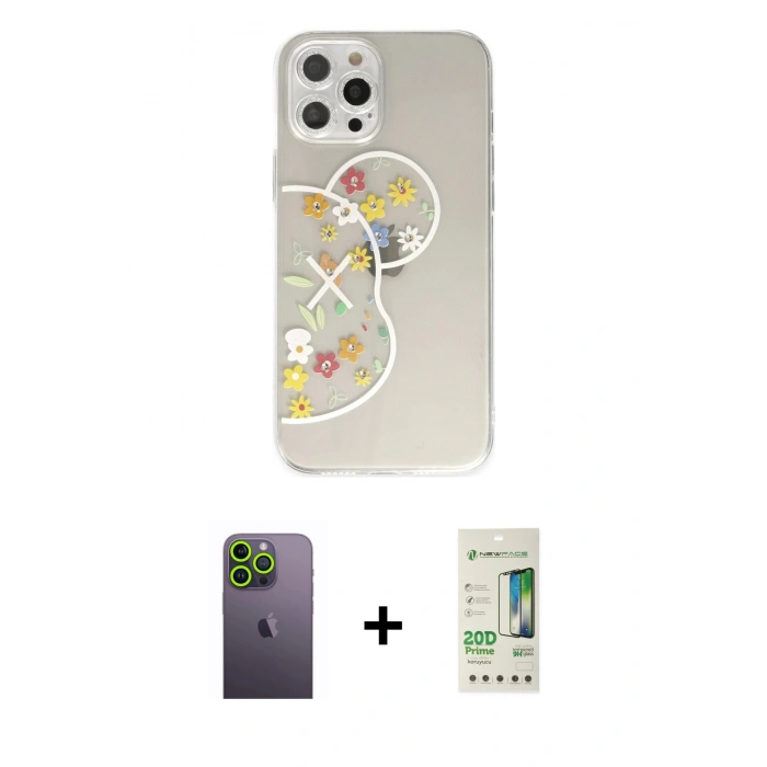 MARSİLYAN™- iPhone 12 Pro Max Kılıf Eksen Asil Prime - Siyah 20D Premium Cam Ekran Koruyucu + Neon Fosforlu Kamera Lens - YL