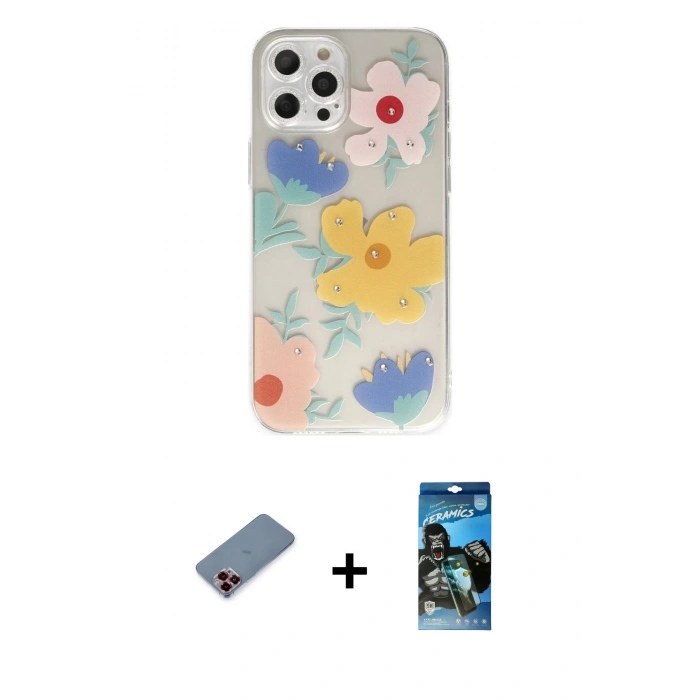 MARSİLYAN™- iPhone 12 Pro Max Kılıf Eksen Asil Prime - Siyah 34D Izgaralı Cam + Metal Kamera Lens Koruma Cam - KI