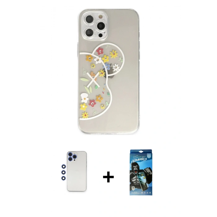 MARSİLYAN™- iPhone 12 Pro Max Kılıf Eksen Asil Prime - Siyah 34D Izgaralı Cam + Shine Kamera Lens - LT