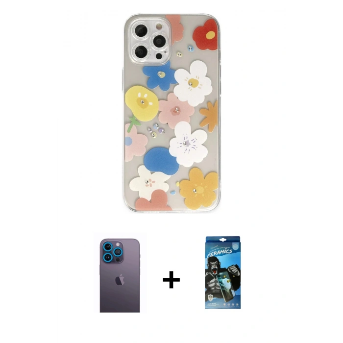 MARSİLYAN™- iPhone 12 Pro Max Kılıf Eksen Asil Prime - Siyah 34D Izgaralı Cam + Neon Fosforlu Kamera Lens - MI