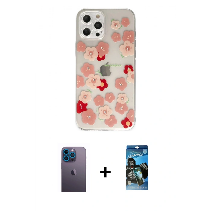 MARSİLYAN™- iPhone 12 Pro Max Kılıf Eksen Asil Prime - Siyah 34D Izgaralı Cam + Neon Fosforlu Kamera Lens - MI