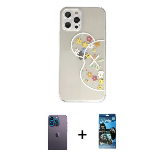 MARSİLYAN™- iPhone 12 Pro Max Kılıf Eksen Asil Prime - Siyah 34D Izgaralı Cam + Neon Fosforlu Kamera Lens - MI