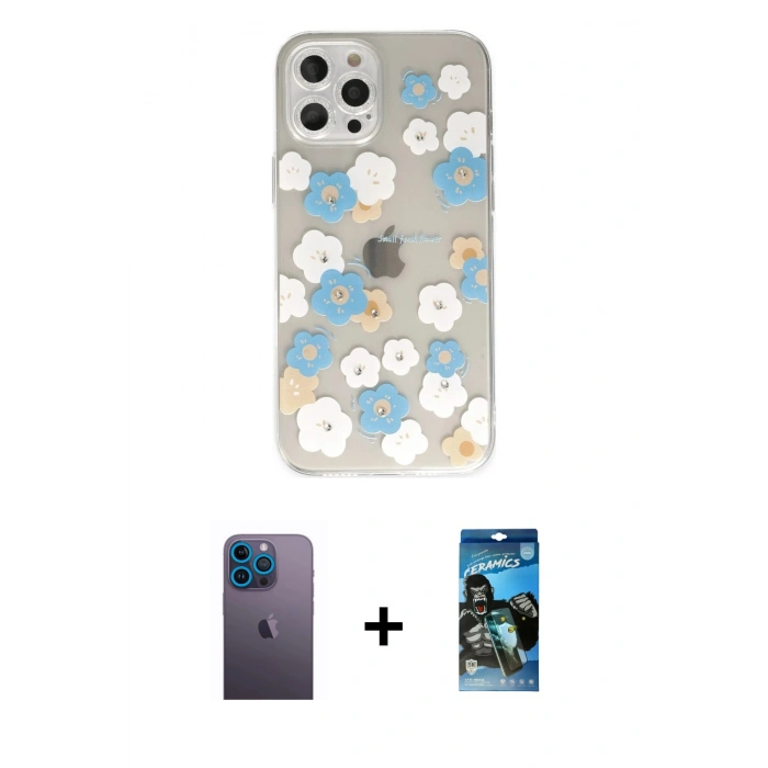 MARSİLYAN™- iPhone 12 Pro Max Kılıf Eksen Asil Prime - Siyah 34D Izgaralı Cam + Neon Fosforlu Kamera Lens - MI