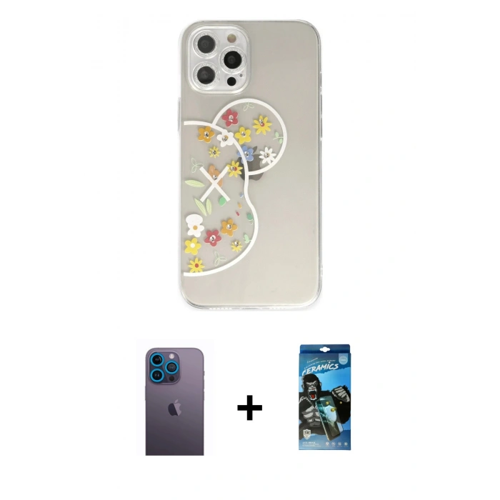 MARSİLYAN™- iPhone 12 Pro Max Kılıf Eksen Asil Prime - Siyah 34D Izgaralı Cam + Neon Fosforlu Kamera Lens - MI