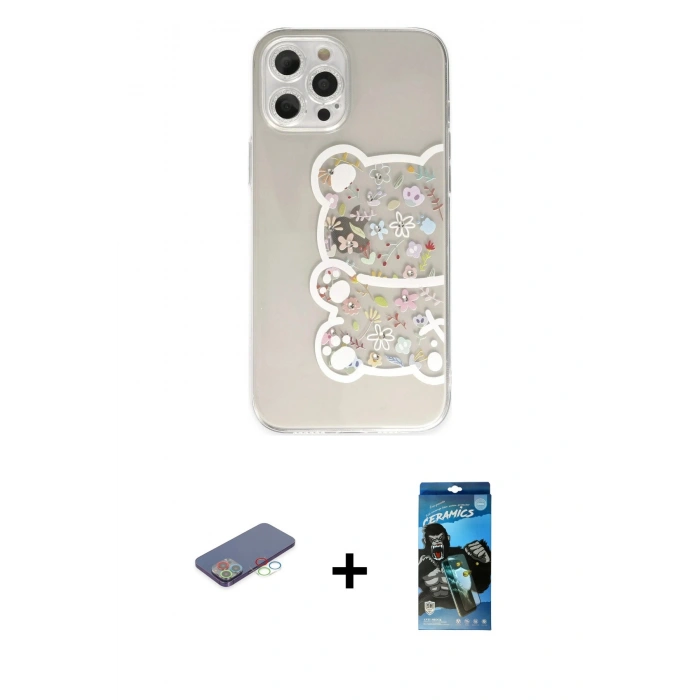 MARSİLYAN™- iPhone 12 Pro Max Kılıf Eksen Asil Prime - Siyah 34D Izgaralı Cam + Mavi Renkli Kamera Lens Koruma Cam