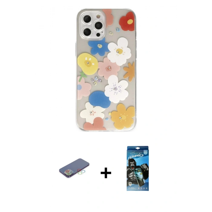 MARSİLYAN™- iPhone 12 Pro Max Kılıf Eksen Asil Prime - Siyah 34D Izgaralı Cam + Mavi Renkli Kamera Lens Koruma Cam